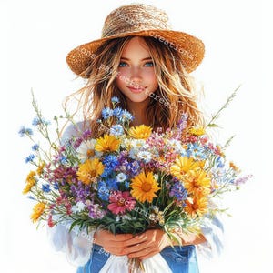 10 cliparts fille bohème avec bouquet de fleurs, fleurs sauvages, aquarelle imprimable, fichiers JPG de haute qualité, créations en papier, journal indésirable, créations numériques