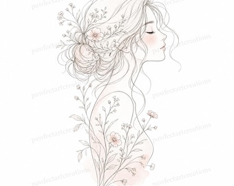20 imágenes prediseñadas de mujeres botánicas en estilo lineal, JPG de acuarela imprimibles, descarga digital, uso comercial.