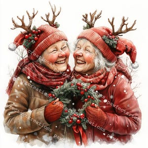 10 clipart engraçado de velhas senhoras de Natal, melhores amigas, conjunto 1, aquarela para impressão, JPGs de alta qualidade, diário de lixo de papel, artesanato digital