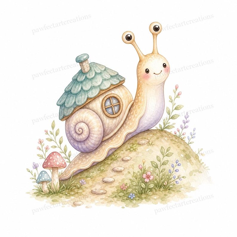 20 Cottage Mushroom Snail Clipart, Watercolor JPG Clipart Bundle, Digital Download, Commercial Use, Printable Art