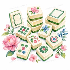 May include: Watercolor illustration of Mahjong tiles with floral and geometric designs. The tiles are cream-colored with green edges and feature various symbols and flower illustrations. Pink and blue flowers and green leaves surround the tiles.