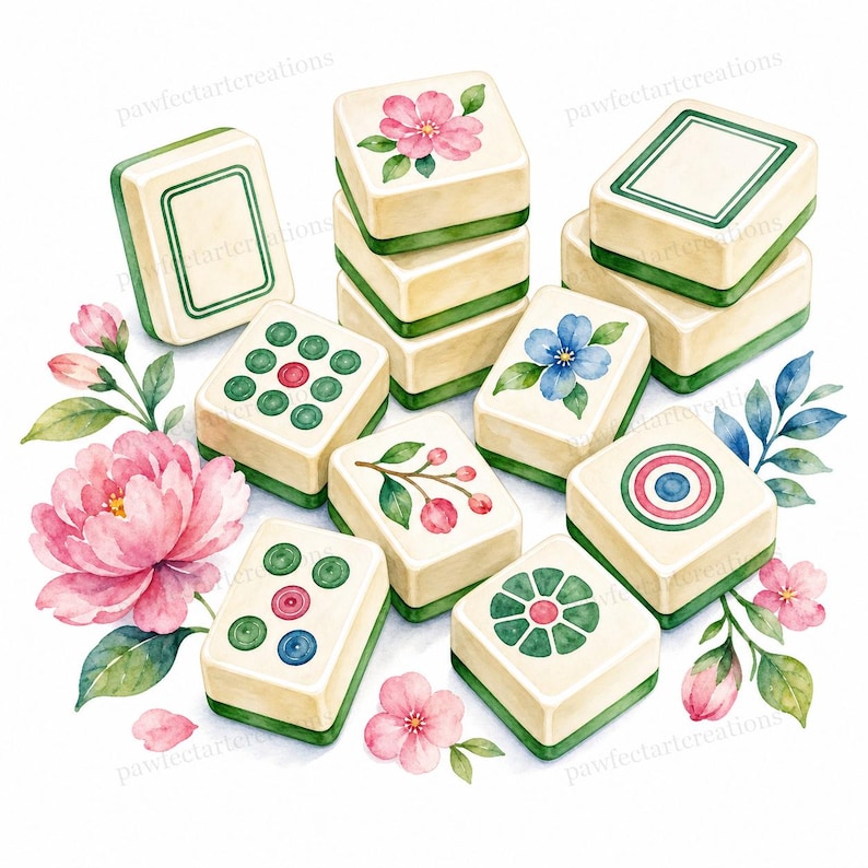 May include: Watercolor illustration of Mahjong tiles with floral and geometric designs. The tiles are cream-colored with green edges and feature various symbols and flower illustrations. Pink and blue flowers and green leaves surround the tiles.