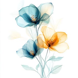 May include: A watercolour painting of three translucent flowers. The flowers are blue and orange with a white background.