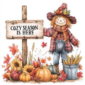 Peut inclure: Illustration à l'aquarelle d'un épouvantail tenant une pancarte « Cozy Season Is Here ». L'épouvantail porte une chemise à carreaux, une salopette et un chapeau. Des citrouilles, des tournesols et des feuilles d'automne entourent l'épouvantail.