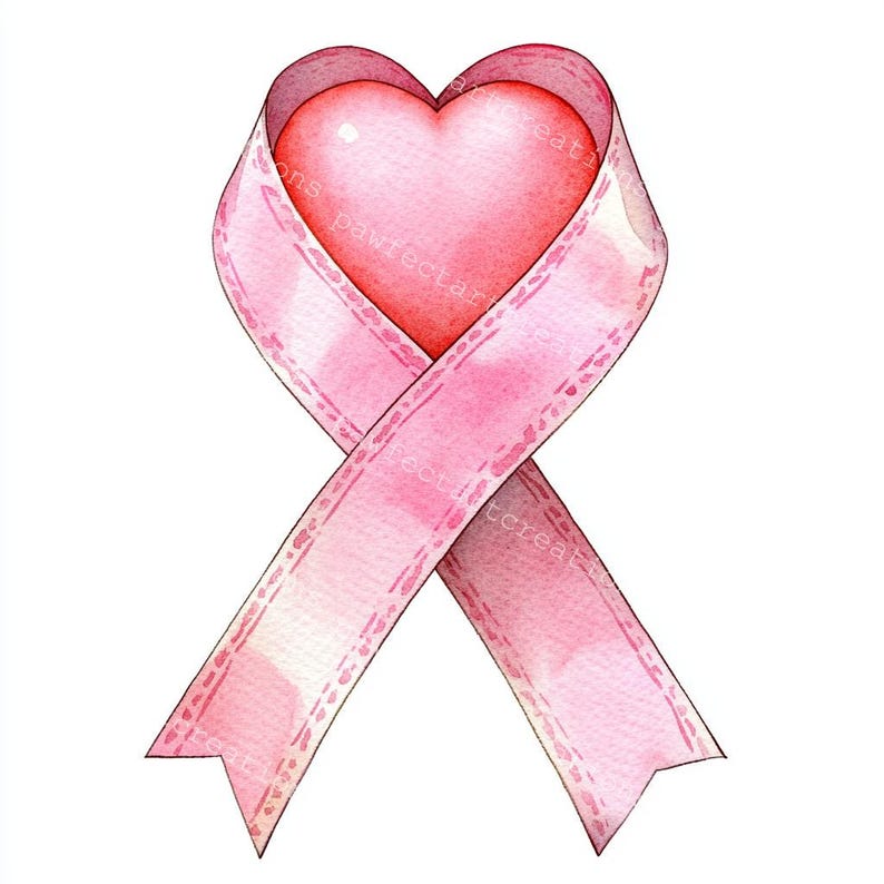 13 Pink Awareness Ribbon with heart Clipart, Breast Cancer Awareness, Printable Watercolor, High-Quality JPGs, Papercraft Junk Journal, Digital Craft