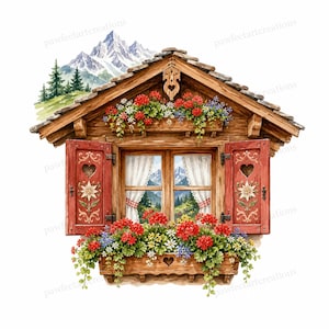 May include: Watercolor illustration of a rustic wooden chalet with red shutters and a flower box overflowing with red, white, and blue flowers. The window reveals a mountain landscape. A charming, detailed artwork.