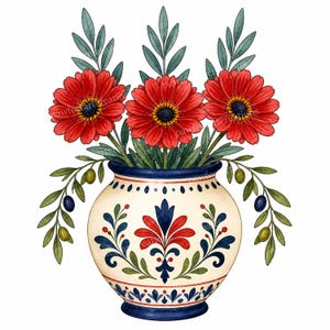 Op de afbeelding: Een keramieken vaas met een crèmekleurige basis, blauwe rand en voet, voorzien van een rood en blauw bloemmotief. De vaas bevat drie rode, margrietachtige bloemen met donkere harten en groene bladeren, geflankeerd door twee olijftakken.