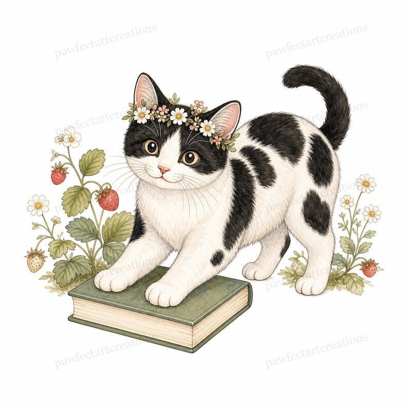 20 Cottagecore Reading Cats Clipart