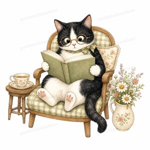 20 Cottagecore Reading Cats Clipart