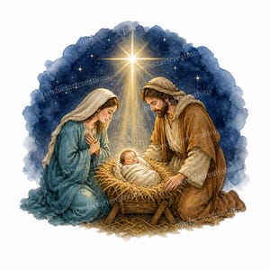 May include: A watercolour illustration of a nativity scene featuring a person in a blue robe and a person in a brown robe kneeling beside a baby wrapped in white cloth in a straw-filled wooden manger under a bright star in a dark blue sky.