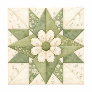 May include: A square quilt block featuring a central flower with cream petals and a green polka-dot center. The background is a star pattern composed of sage green and cream fabric segments, some with floral prints and others with subtle polka dots.