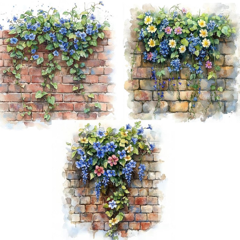 Pode incluir: Tr&ecirc;s aquarelas de paredes de tijolo com trepadeiras e flores. A primeira imagem mostra uma parede de tijolo com trepadeiras azuis e verdes e flores azuis. A segunda imagem mostra uma parede de tijolo com flores amarelas, rosas e azuis. A terceira imagem mostra uma parede de tijolo com flores azuis, rosas e amarelas.
