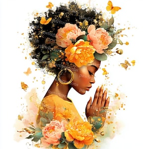 Op de afbeelding: Digitale kunstprint van een vrouw met een donkere huid, versierd met een bloemenhoofddeksel van oranje en perzik pioenrozen. Gouden oorringen en vlinders accentueren de afbeelding. De handen van de vrouw zijn gevouwen in gebed.