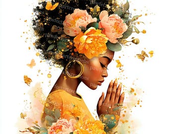 20 Praying Afro Women Clipart: Watercolor Religious Art,Black Woman Praying, African American Art  (Digital Download)