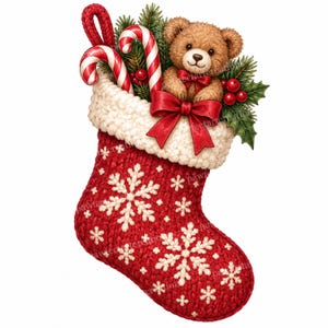 Könnte beinhalten: Ein roter Strick-Weihnachtsstrumpf mit weißen Schneeflockenmustern, einem weißen strukturierten Bündchen und einer großen roten Schleife. Darin befinden sich zwei rot-weiße Zuckerstangen, grüne Tannenzweige, rote Beeren und ein kleiner Teddybär.