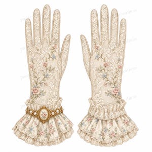 Peut inclure: Une paire de gants en dentelle beige avec une broderie florale complexe dans les tons rose et bleu. Les gants présentent des poignets à volants avec un bord festonné et une broche ovale dorée ornée de perles sur le poignet gauche.