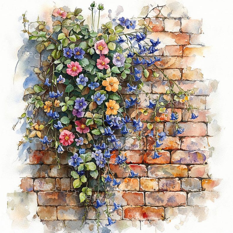 Pode incluir: Uma pintura a aquarela de uma parede de tijolo com uma videira de flores rosa, roxas e amarelas crescendo sobre ela. As flores est&atilde;o em flor e as folhas s&atilde;o verdes. A parede de tijolo &eacute; velha e desgastada.