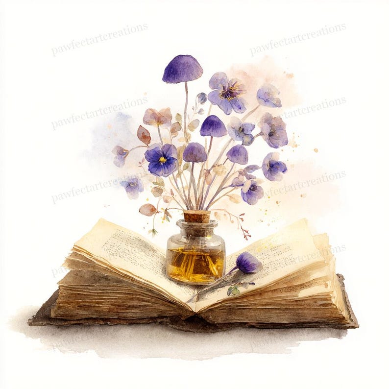 May include: Watercolor illustration of an open antique book with aged pages. A small glass bottle with a cork stopper holds a golden liquid and is adorned with purple flowers and mushrooms. A single purple flower rests on the book.