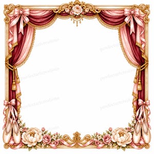 Può includere: Una cornice decorativa quadrata con bordi dorati ornati, tende in tessuto rosso scuro e rosa chiaro con nappe, fiocchi rosa pallido, scarpette da danza agli angoli inferiori e grappoli di rose bianche e rosa lungo i bordi.