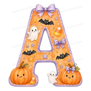 May include: A watercolour letter "A" with a Halloween theme. The letter is orange with purple trim and features bats, stars, ghosts, pumpkins, and bows. A candy corn is also included in the design. The letter is decorated with a stitched border.