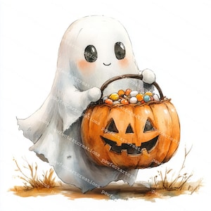 10 süße Gruselige Geist mit Kürbis Clipart, Halloween, Halloween, Süßigkeit oder Trick, druckbares Aquarell, hochwertige JPGs, Papercraft, Junk Journal