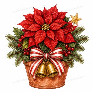 May include: A terracotta pot filled with a vibrant red poinsettia, green holly leaves, red berries, and pine branches. A red and white striped ribbon is tied around the pot, featuring two hanging gold bells and a gold star on a thin stick.