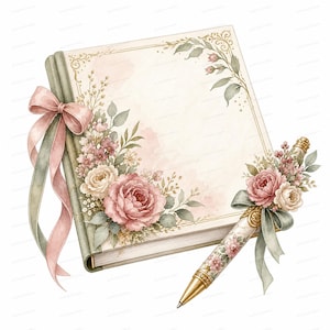 Pode incluir: Um diário quadrado com capa cor de creme, cantos em filigrana dourada e um arranjo floral em aguarela de rosas cor-de-rosa e brancas. Uma fita rosa suave está atada à lombada, acompanhada por uma caneta a condizer com motivos florais.