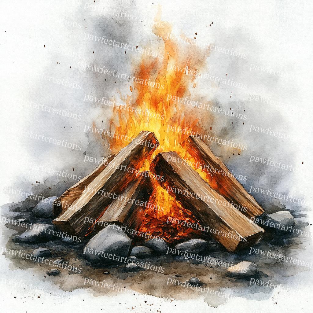 焚き火のクリップアート：水彩画のキャンプファイヤー、薪（デジタル