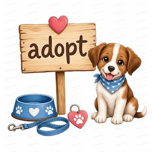 May include: A brown and white puppy wearing a blue bandana with white hearts, sitting next to a wooden sign that says adopt with a red heart on top, a blue pet bowl with white hearts and paw prints, and a blue leash with a red heart tag.
