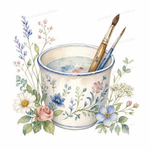 May include: Watercolor illustration of a white ceramic paint cup with blue floral designs and two paintbrushes. The cup is surrounded by watercolor flowers in shades of blue, pink, and white, with green foliage. The image has a soft, artistic feel.