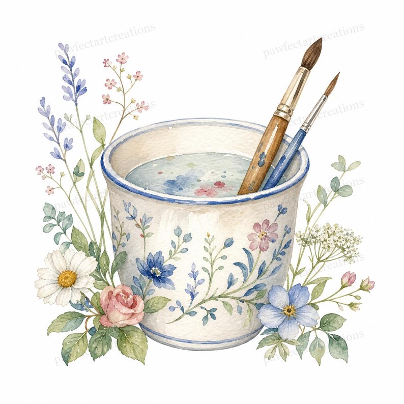 May include: Watercolor illustration of a white ceramic paint cup with blue floral designs and two paintbrushes. The cup is surrounded by watercolor flowers in shades of blue, pink, and white, with green foliage. The image has a soft, artistic feel.