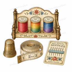 May include: An illustration of sewing equipment. A wooden rack holds three spools of thread, a thimble, a measuring tape, and a card of needles. The spools are red, rainbow, and blue. The card reads "Best Quality Needles."