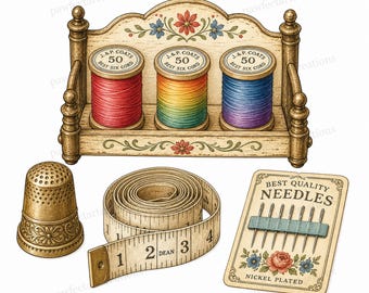 20 Vintage Sewing Notions Kit Clipart, Vintage Sewing Notions Kit Craft Art Watercolor JPGs, Digital Download, Commercial Use