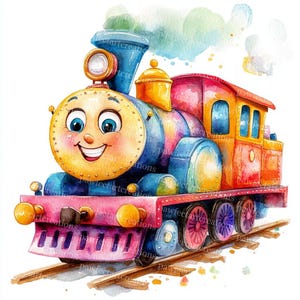 10 süße Lokomotiven Clipart, Cartoon Zug, SteamTrain, druckbare Aquarell, hochwertige JPGs, Papercraft Junk Journal, Digital Craft