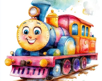 10 Cute Locomotives Clipart, Cartoon Train,  SteamTrain, Printable Watercolor, High-Quality JPGs, Papercraft Junk Journal, Digital Craft