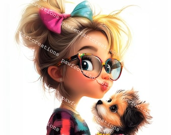 15 Quirky Girl With Dog Clipart, Cute Whimsical Girl, Dog Lover, Printable Watercolor, High-Quality JPGs, Papercraft, Junk Journal