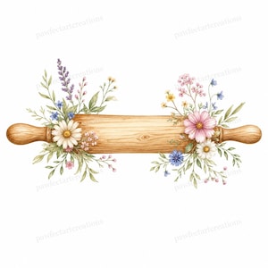 Op de afbeelding: Waterverfillustratie van een houten deegroller versierd met bloemstukken. De bloemen omvatten madeliefjes, lavendel en andere wilde bloemen in roze, blauwe en gele tinten. De deegroller heeft een lichtbruine kleur.