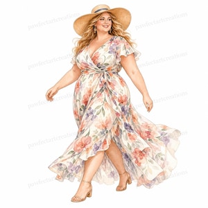 20 Plus Size Fashion Girl Clipart, Curvy Woman Stylish Outfit Illustration, Printable Watercolor JPGs, Digital Download, Commercial Use