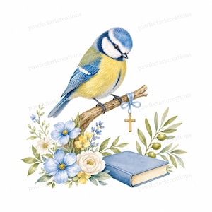 May include: A watercolor illustration of a blue tit bird perched on a branch with a small gold cross hanging from a light blue ribbon. Below the branch are blue and white flowers, green leaves, olives, and a closed blue book with light pages.