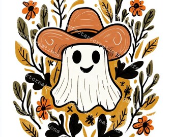 Boho Halloween Ghost Clipart: Floral Autumn Watercolor (Digital Download)