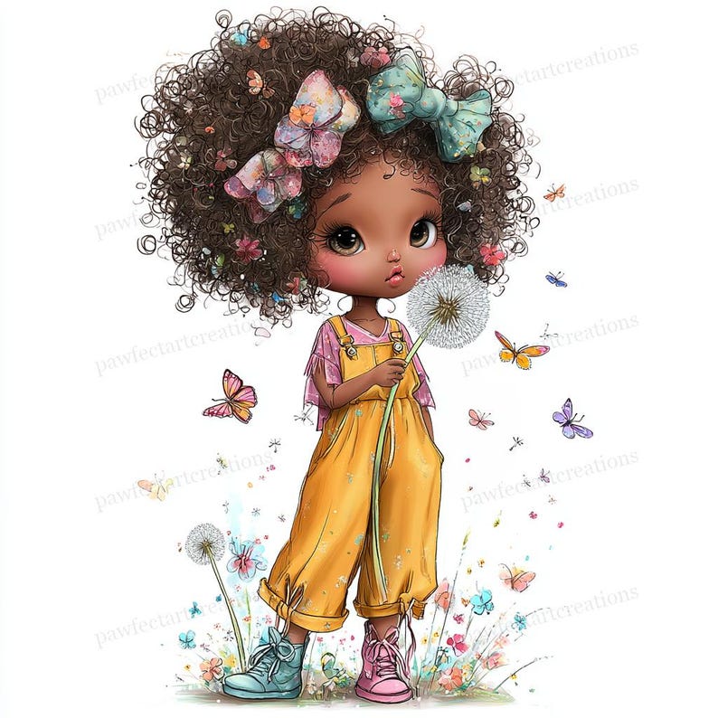 26 Whimsical Girl with Flower Clipart, Spring Dandelion Art, Nursery Illustration, Printable JPGs, Digital Download, Commercial Use image 16
