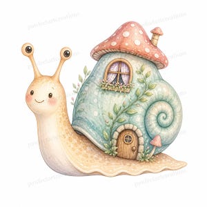20 Cottage Mushroom Snail Clipart, Watercolor JPG Clipart Bundle, Digital Download, Commercial Use, Printable Art