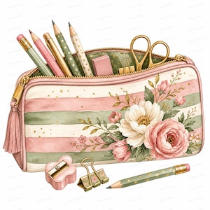 Peut inclure: Une trousse rectangulaire à rayures roses et vertes ornée d'un bouquet floral. Elle contient des crayons, une gomme rose, des ciseaux dorés et une pince. Un taille-crayon, une pince et un crayon sont disposés devant la trousse.