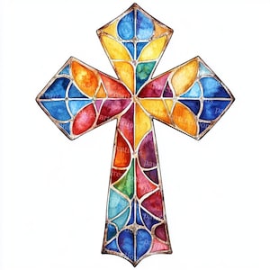 May include: A watercolor painting of a cross with a stained-glass effect. The cross features a variety of colors, including blue, yellow, orange, red, and purple, with a silver outline. The design is symmetrical and detailed, with each section of the cross filled with different shapes and colors.