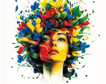 女性の顔の線画クリップアート：繊細な水彩画スタイル（デジタル