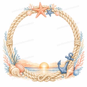 Peut inclure: Illustration à l'aquarelle d'une couronne nautique. Une grosse corde forme un cadre circulaire, orné de coquillages, de coraux et d'étoiles de mer. Une ancre et une scène de plage avec un coucher de soleil sont en bas. La palette de couleurs comprend le beige, le bleu et le corail.