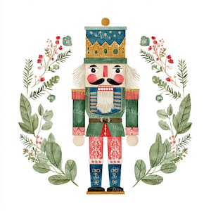 Könnte beinhalten: Aquarell-Illustration eines traditionellen Nussknacker-Soldaten in Grün, Rot und Blau, mit goldener Krone. Der Nussknacker ist von einem Kranz aus grünen Blättern und roten Beeren umgeben, ideal für die Weihnachtsdekoration.