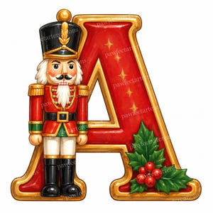 Peut inclure: Une lettre A décorative avec une finition rouge, des bordures dorées et des étoiles. Un casse-noisette en uniforme rouge et noir se tient à gauche de la lettre, et un groupe de feuilles de houx vertes avec des baies rouges orne le bas à droite.