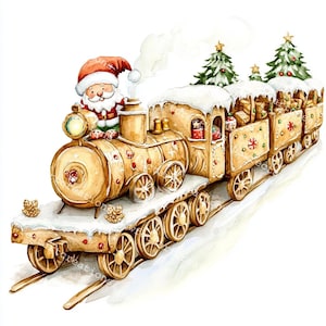 18 imágenes prediseñadas de tren de jengibre, hogar festivo, tarjeta navideña, acuarela imprimible, archivos JPG de alta calidad, manualidades de papel, diario basura, manualidades digitales