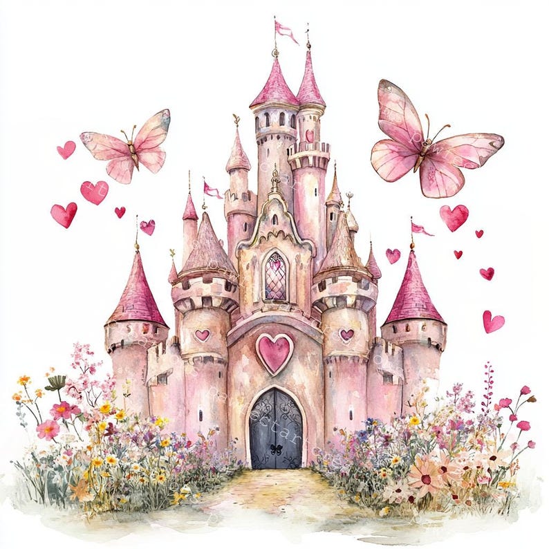 Pink Fairy Tale Castle Clipart: Watercolor Style (JPG & PNG Digital ...